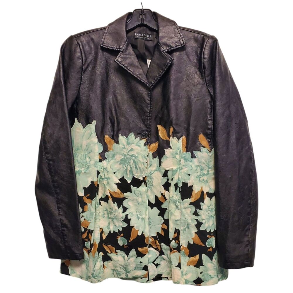 BAGATELLE Jacket Womens Small Black Floral Faux Leather Blazer Embroidered